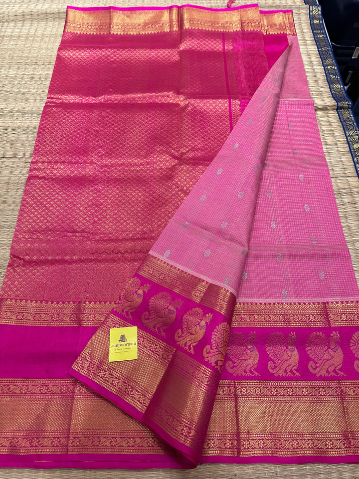 Light Pink with Dark Pink Podi Kattam with Body butta, Peacock Motif in the Border - Rich Pallu Korvai Silk Cotton Saree