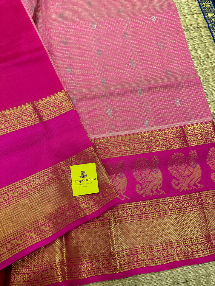 Light Pink with Dark Pink Podi Kattam with Body butta, Peacock Motif in the Border - Rich Pallu Korvai Silk Cotton Saree