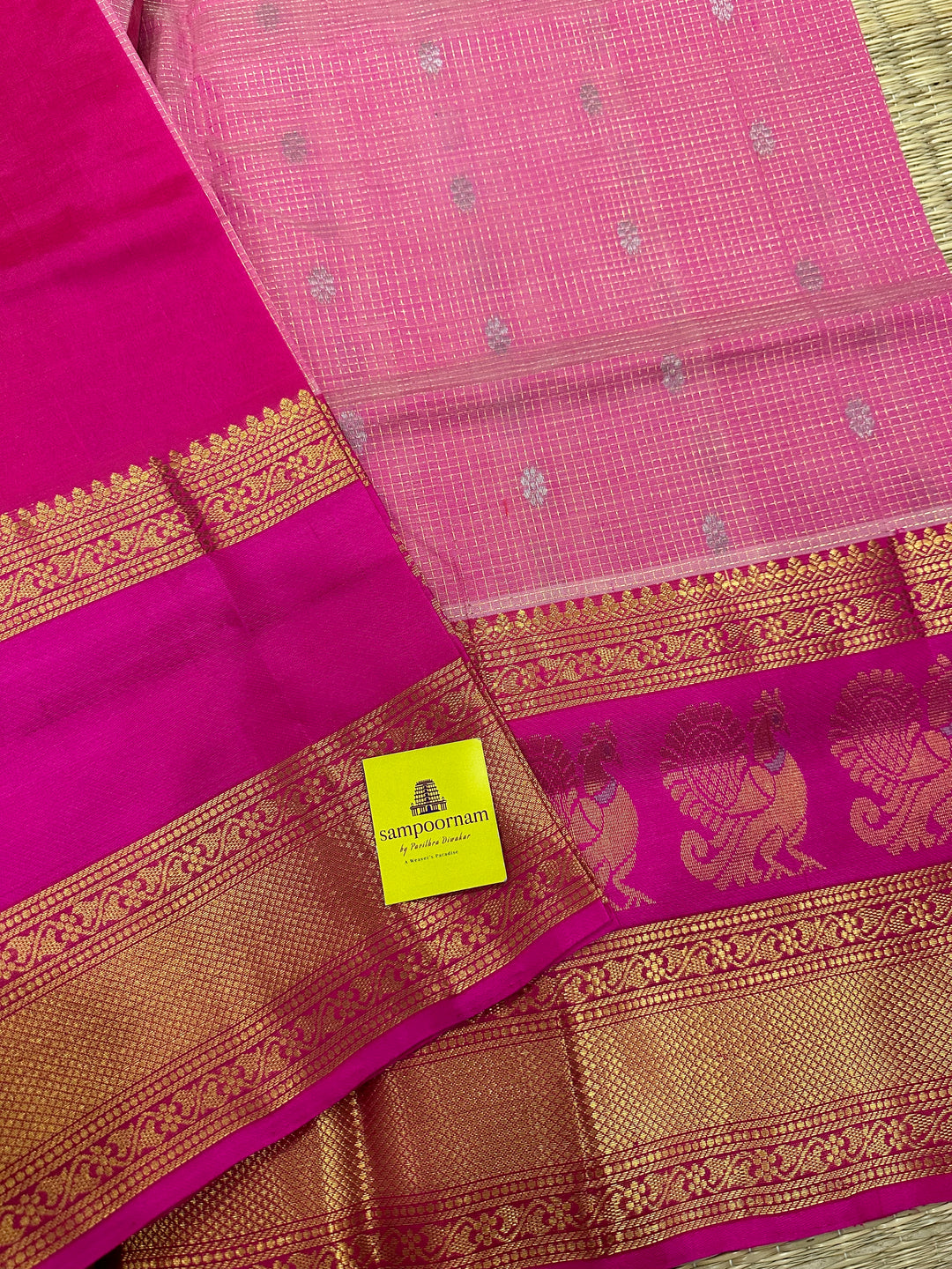 Light Pink with Dark Pink Podi Kattam with Body butta, Peacock Motif in the Border - Rich Pallu Korvai Silk Cotton Saree