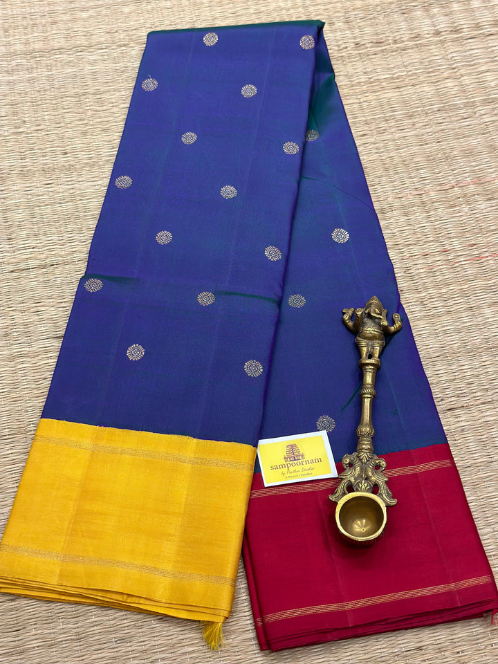 A Must Have Two Pallu Concept Ganga Jamuna Red/Yellow ,Mayil Kazhuthu Colour with Chakram Butta Traditional Kanjivaram Pure Silk Saree