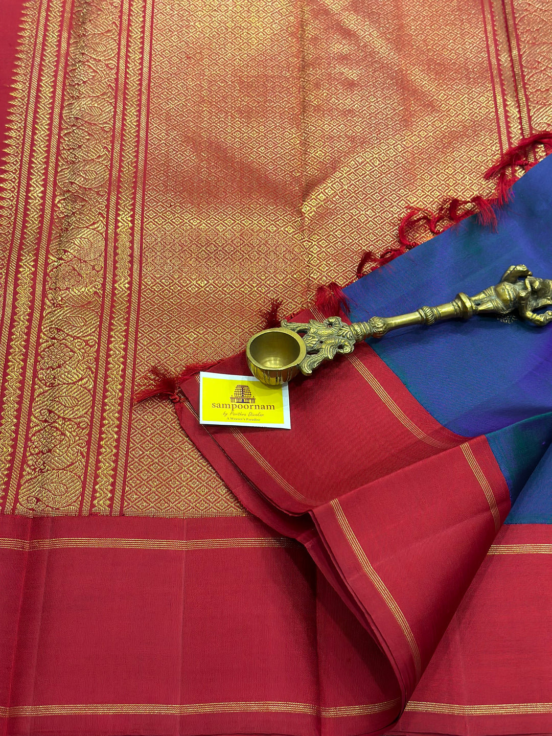 A Must Have Two Pallu Concept Ganga Jamuna Red/Yellow ,Mayil Kazhuthu Colour with Chakram Butta Traditional Kanjivaram Pure Silk Saree