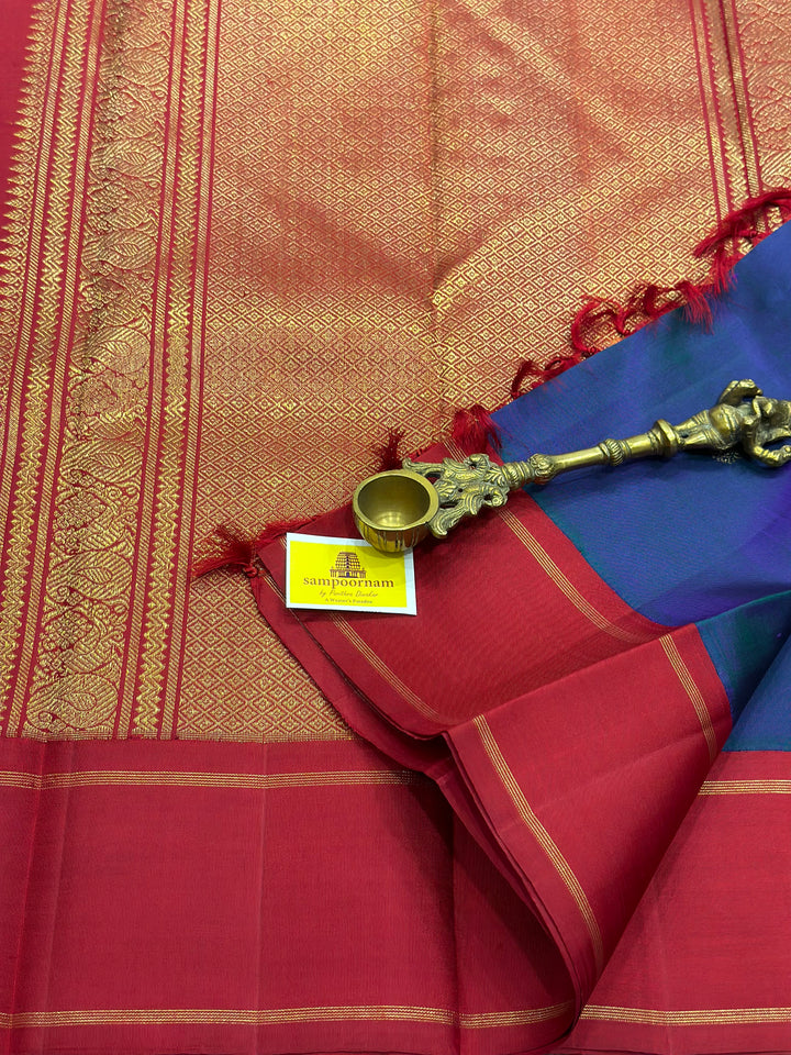 A Must Have Two Pallu Concept Ganga Jamuna Red/Yellow ,Mayil Kazhuthu Colour with Chakram Butta Traditional Kanjivaram Pure Silk Saree