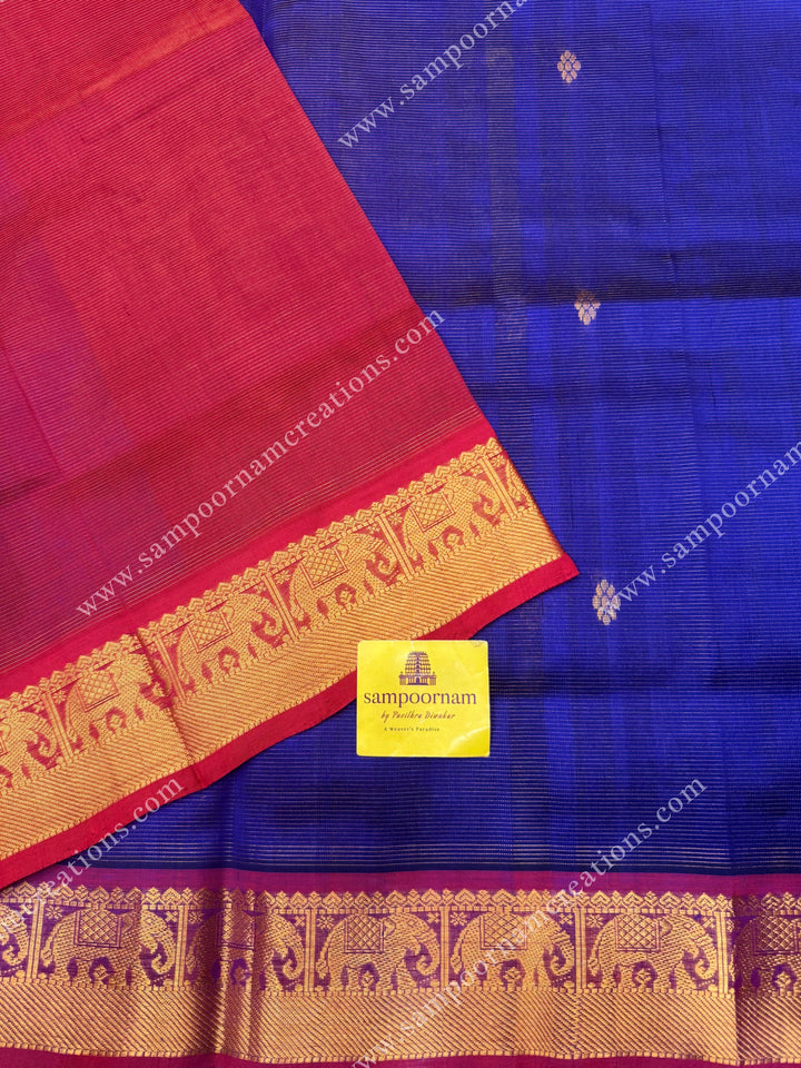 Blue with Red  , Zari butta in the body with  Vairaoosi Zari lines , traditional borders  and rich Pallu Silk Cotton Saree
