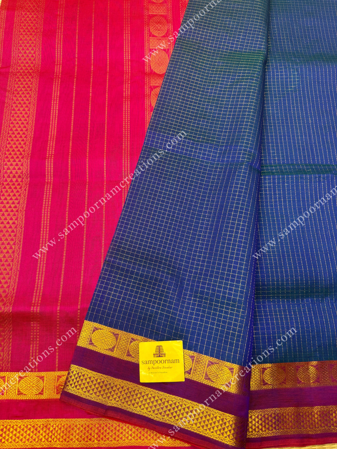Mayilkazhuthu Blue with Pink , Zari checks in the body and rettapet borders , rich Pallu Silk Cotton Saree