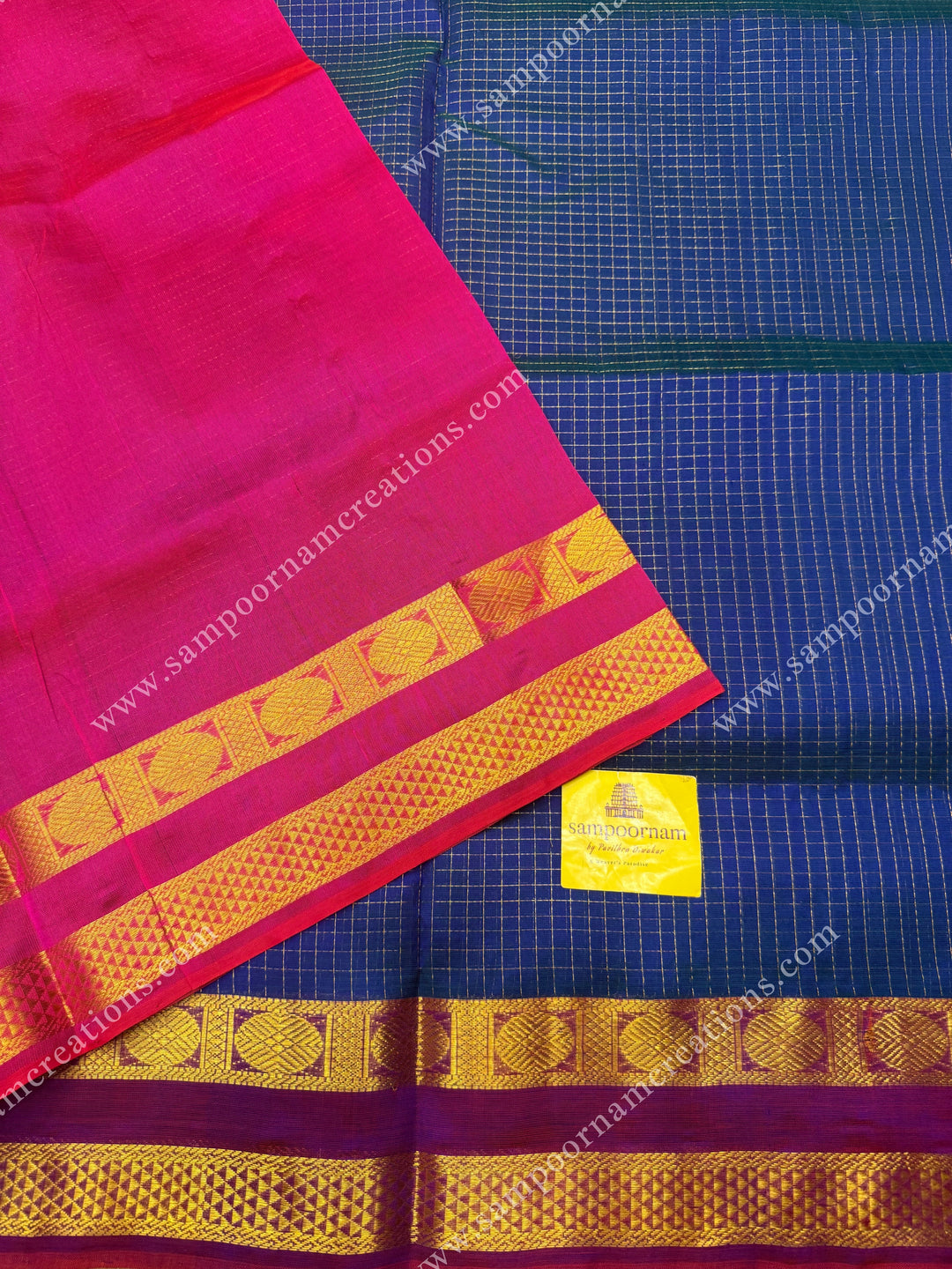 Mayilkazhuthu Blue with Pink , Zari checks in the body and rettapet borders , rich Pallu Silk Cotton Saree