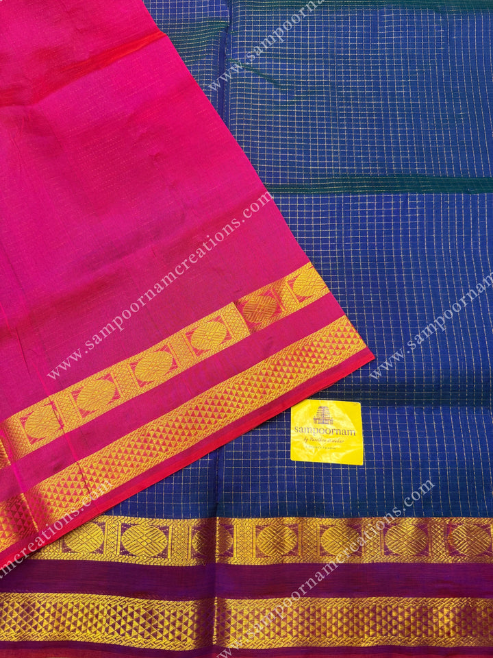 Mayilkazhuthu Blue with Pink , Zari checks in the body and rettapet borders , rich Pallu Silk Cotton Saree