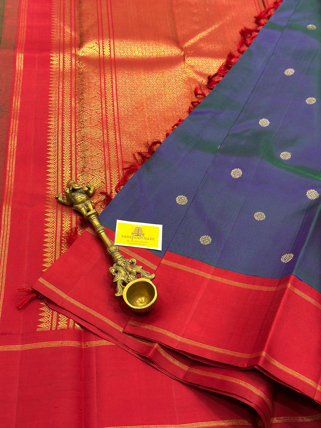 A Must Have Two Pallu Concept Ganga Jamuna Red/Yellow ,Mayil Kazhuthu Colour with Chakram Butta Traditional Kanjivaram Pure Silk Saree