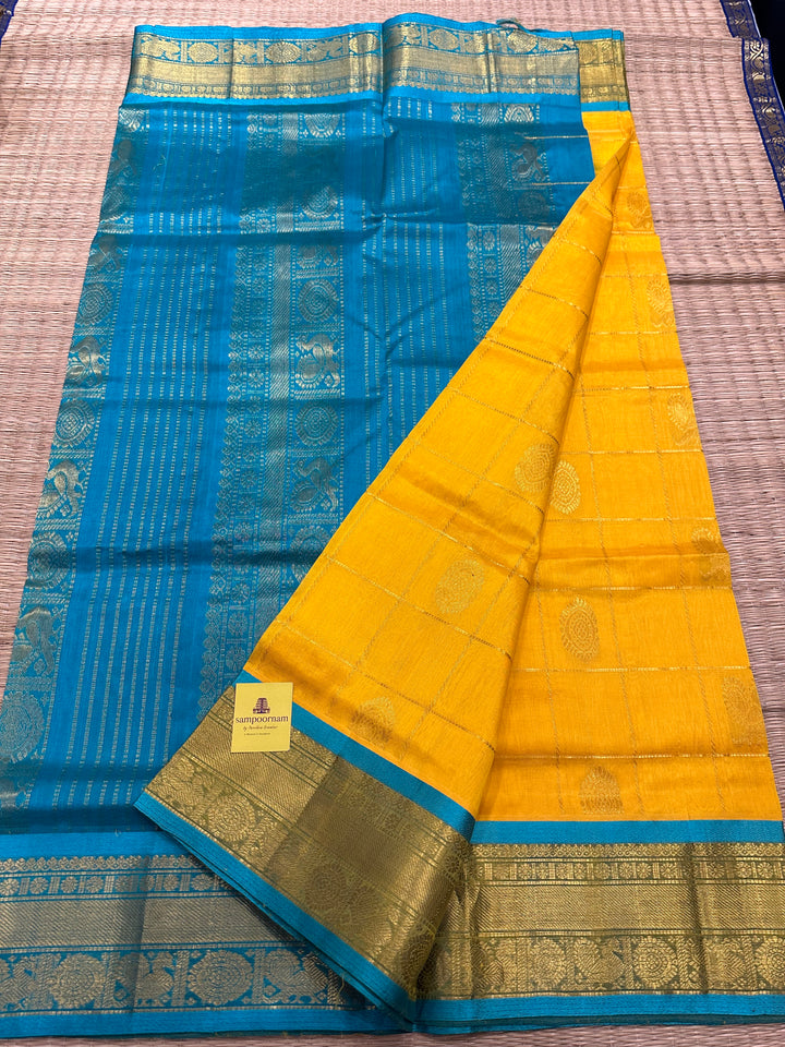 Yellow with Turquoise Blue Mayil Chakram Silk Cotton Saree