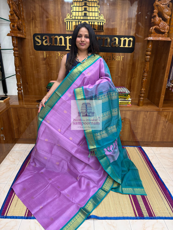 Lavender with Turquoise Blue , traditional border with Rich Zari butta in the body and Grand Pallu Korvai Silk Cotton Saree