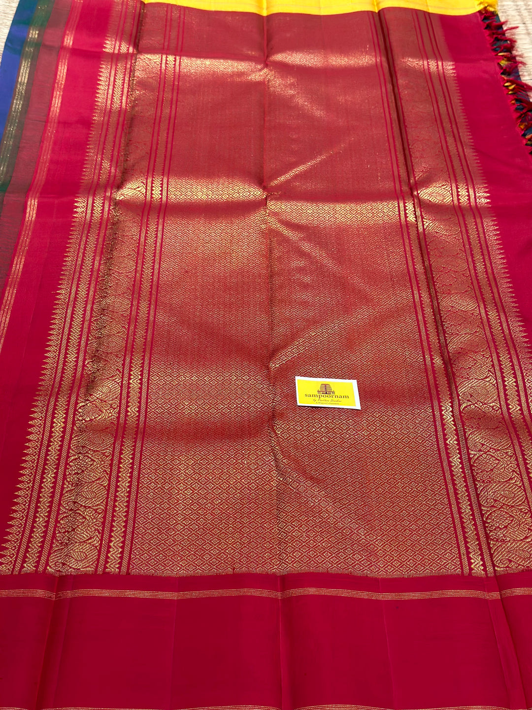 A Must Have Two Pallu Concept Ganga Jamuna Red/Yellow ,Mayil Kazhuthu Colour with Chakram Butta Traditional Kanjivaram Pure Silk Saree