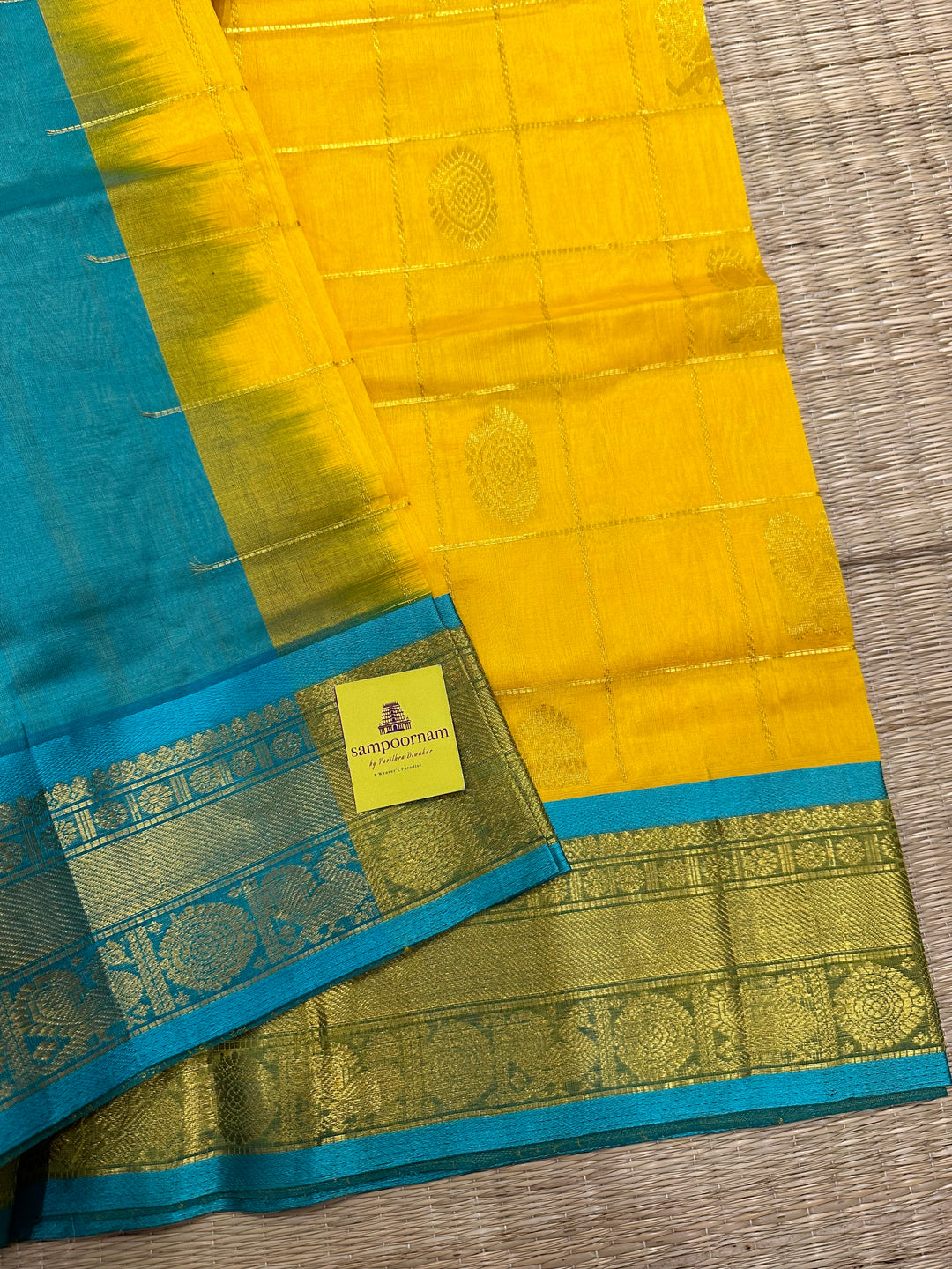 Yellow with Turquoise Blue Mayil Chakram Silk Cotton Saree