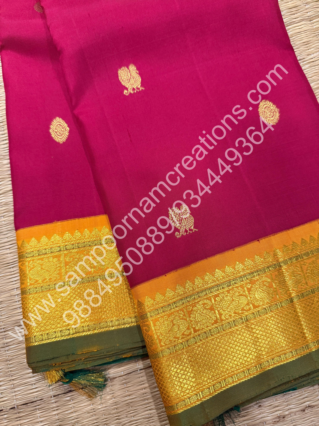 Kumkum Red with Mustard , Rich Mayil and Chakram  butta in the body , Traditional borders and Rich Pallu , Pure Kanjivaram Silk Saree