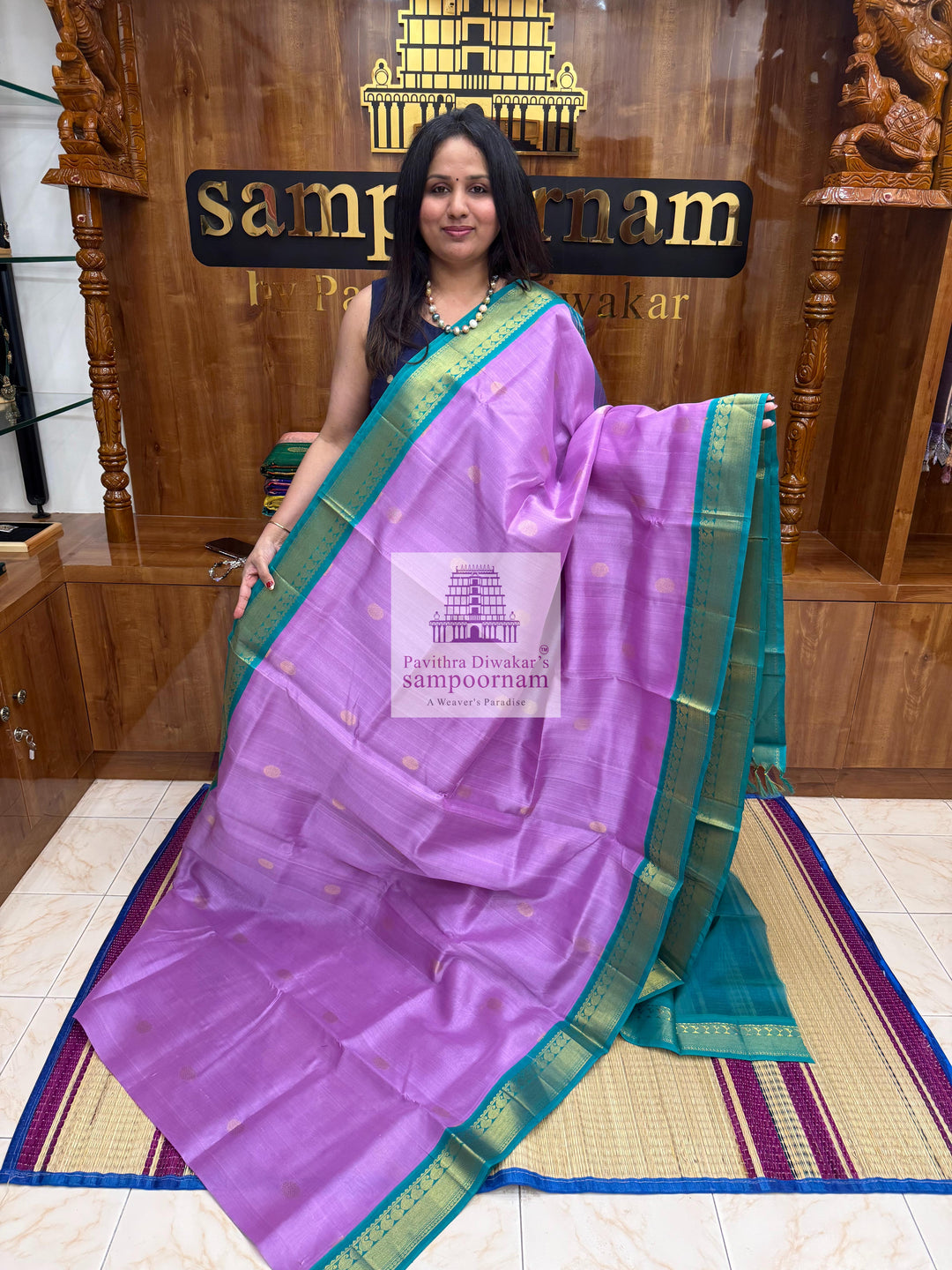 Lavender with Turquoise Blue , traditional border with Rich Zari butta in the body and Grand Pallu Korvai Silk Cotton Saree