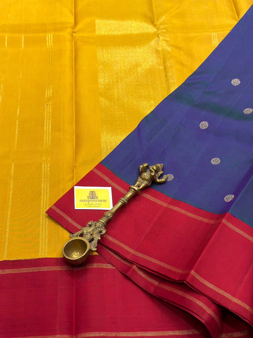 A Must Have Two Pallu Concept Ganga Jamuna Red/Yellow ,Mayil Kazhuthu Colour with Chakram Butta Traditional Kanjivaram Pure Silk Saree