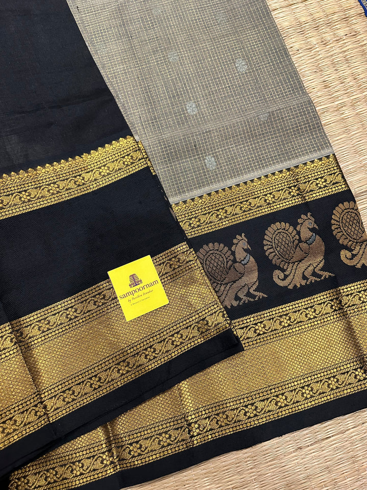 Grey with Black Podi Kattam with Body Butta, Mayil border & Rich Pallu Korvai Silk Cotton Saree