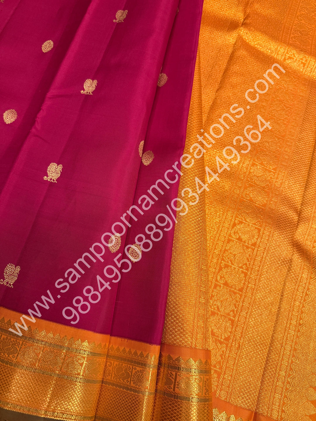 Kumkum Red with Mustard , Rich Mayil and Chakram  butta in the body , Traditional borders and Rich Pallu , Pure Kanjivaram Silk Saree