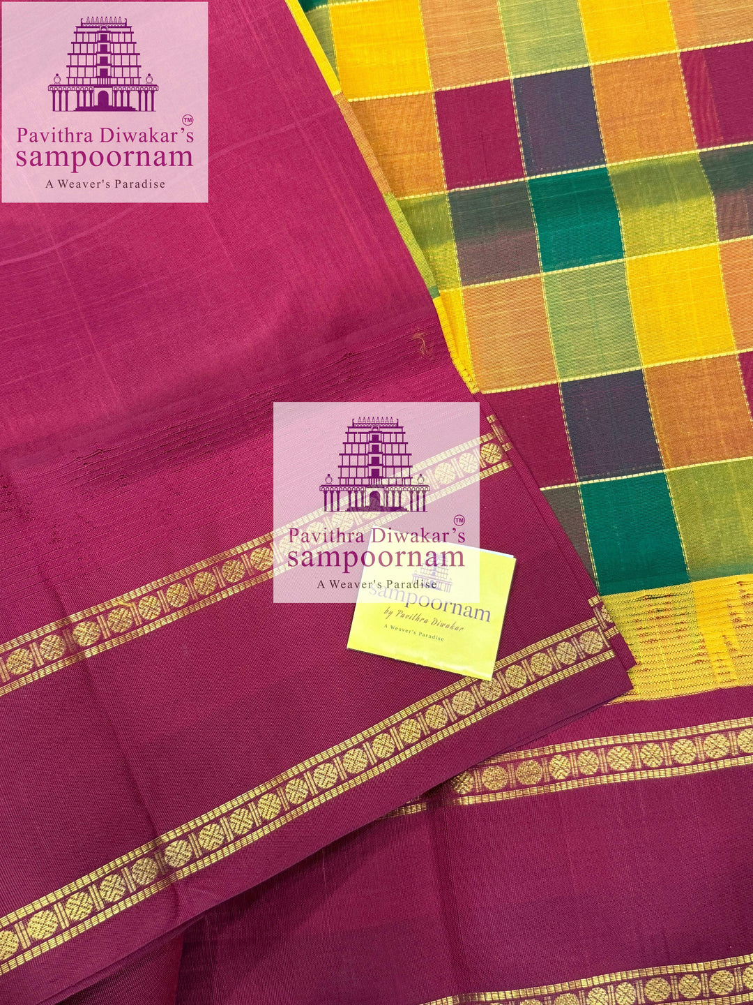 Multi colour checks with Dark Red ,rettapet Rudraksh border and grand Pallu Korvai Silk Cotton Saree