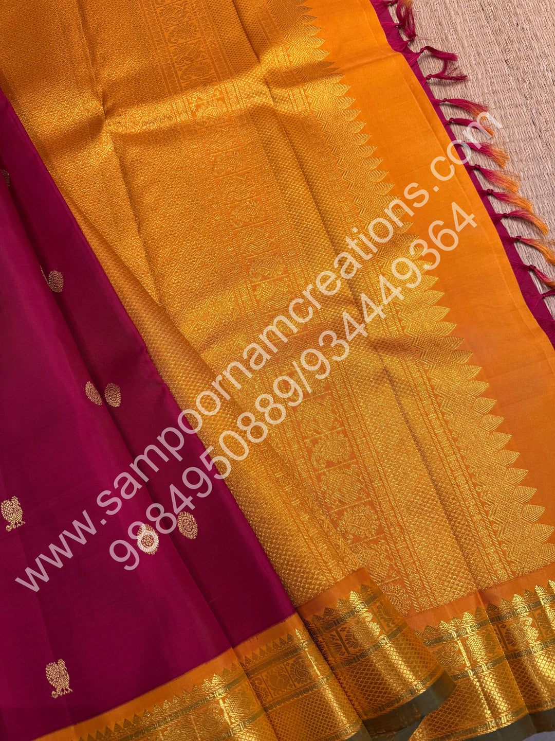 Kumkum Red with Mustard , Rich Mayil and Chakram  butta in the body , Traditional borders and Rich Pallu , Pure Kanjivaram Silk Saree