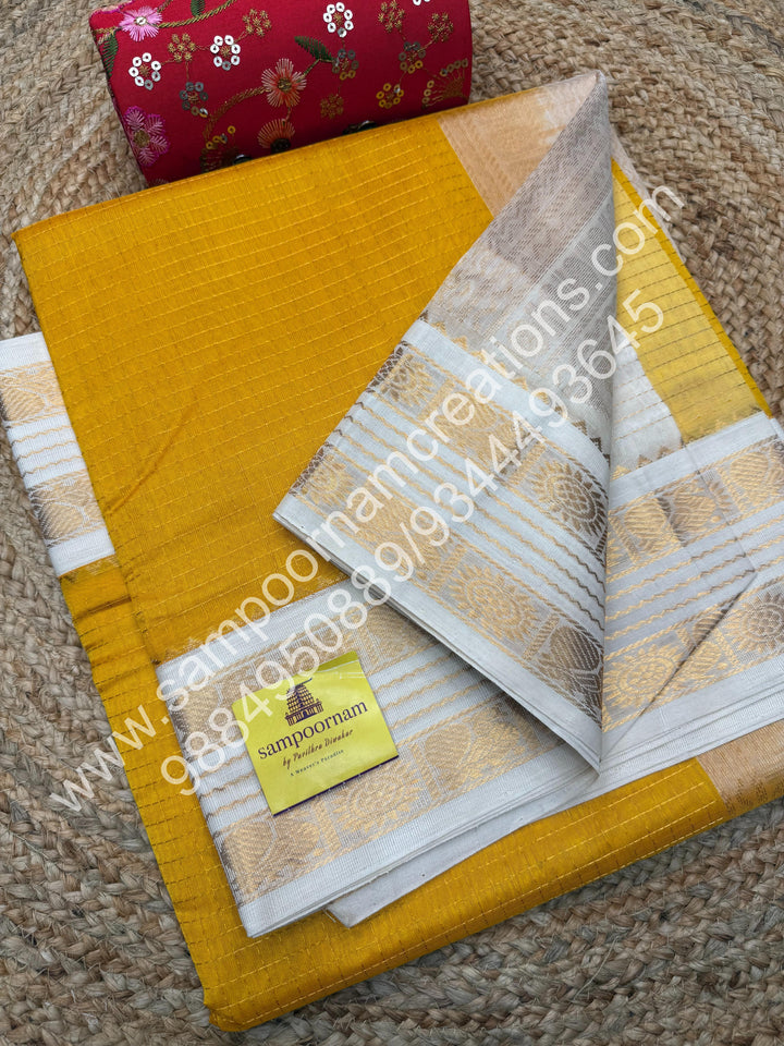 Yellow with Offwhite , Rich Zari Checks in the body and Rettapet Border , Grand Pallu Pure Korvai Silk Cotton Saree