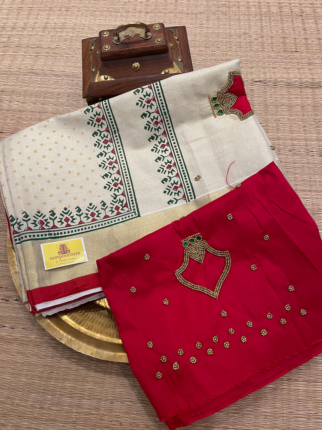 Onam Tissue Handblock Printed Saree- Red, With Palaka Motif and Butter Krishna Motif in the Pallu