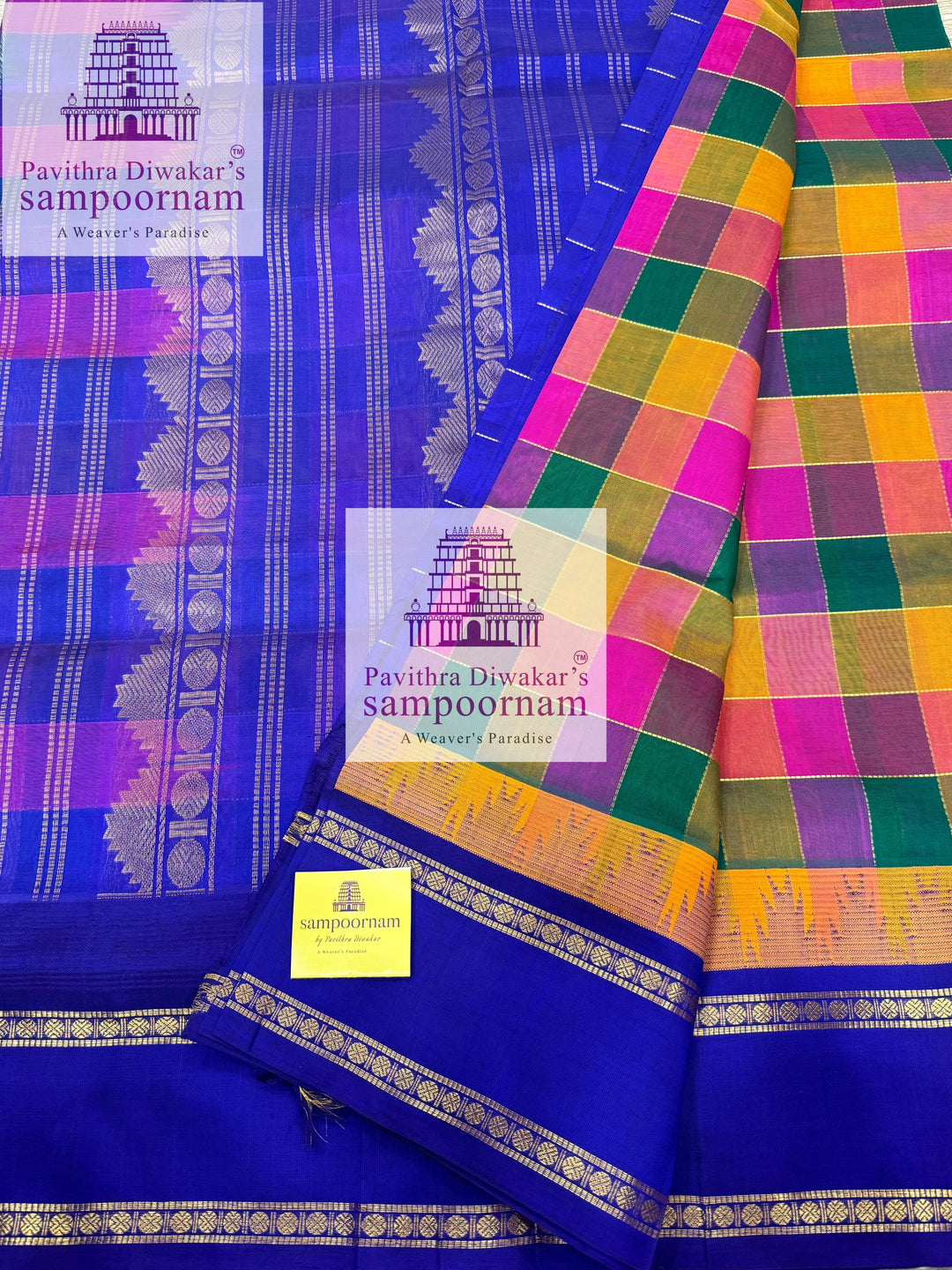 Multi colour checks with Blue , rettapet Rudraksh border and grand Pallu Korvai Silk Cotton Saree