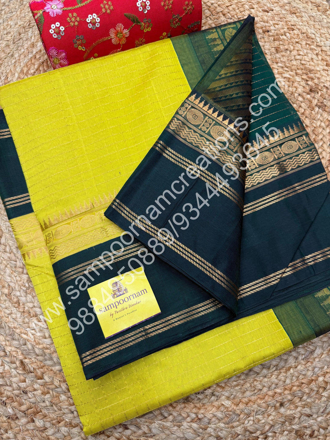 Lemon Yellow with Green , Rich Zari Checks in the body and Rettapet Border , Grand Pallu Pure Korvai Silk Cotton Saree