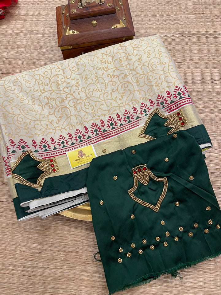 Onam Tissue Handblock Printed Saree- Green, With Palaka Motif and Butter Krishna Motif in the Pallu