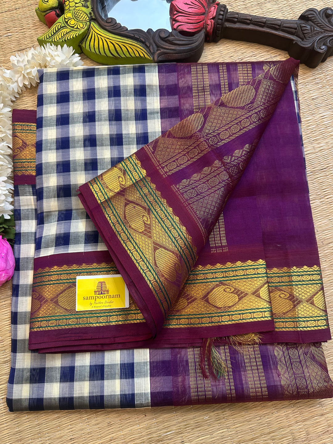 Blue and White with Purple Pazham Kattam , rich traditional border and grand pallu Korvai Silk Cotton Saree
