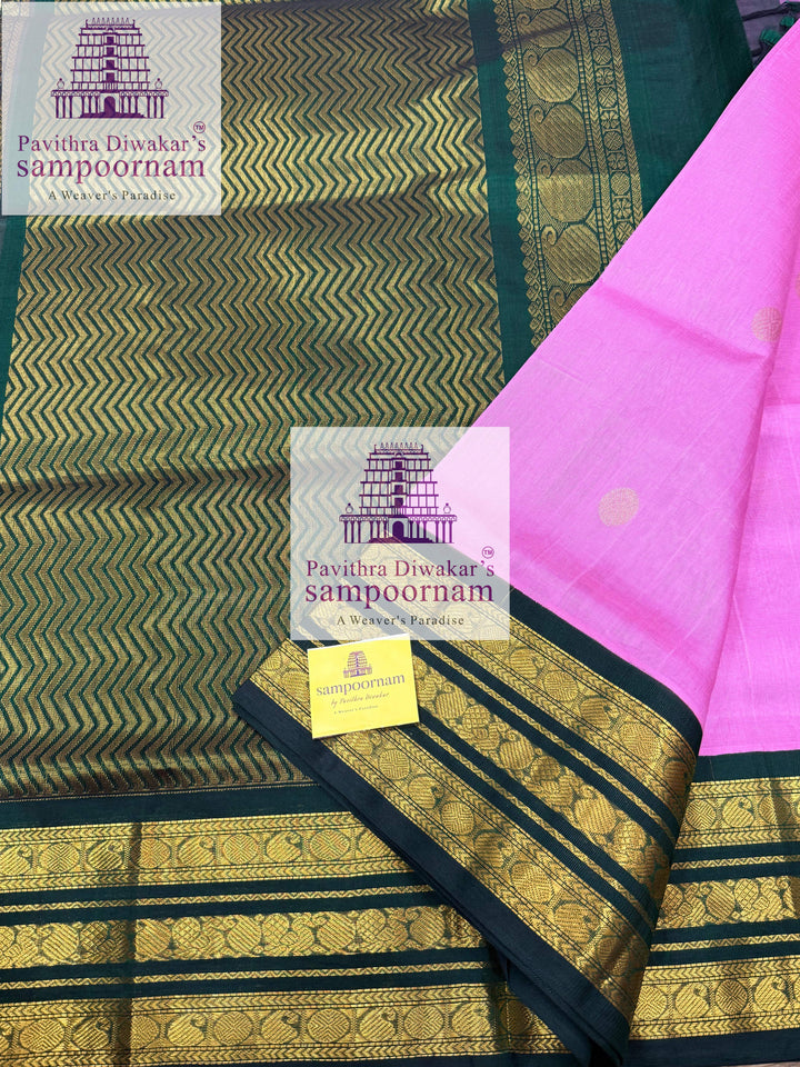 Pink with Green , Zari butta in the body , Kanchi traditional borders and rich  Pallu Korvai Silk Cotton Saree