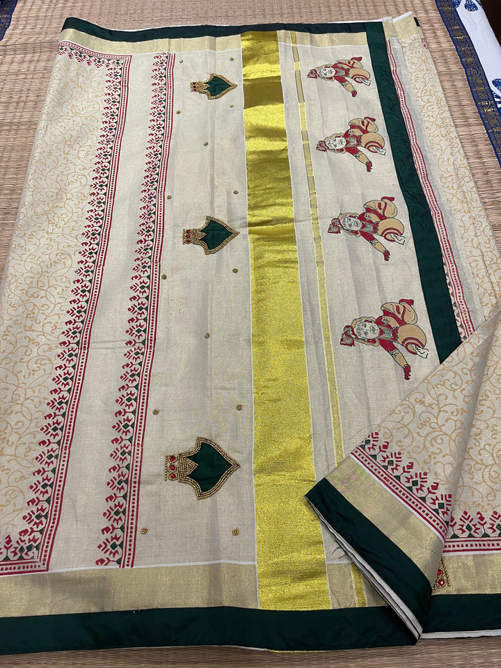 Onam Tissue Handblock Printed Saree- Green, With Palaka Motif and Butter Krishna Motif in the Pallu