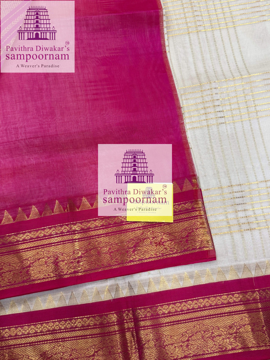 White with Pink , Zari lines in the body ,traditional borders and rich  Pallu Korvai Silk Cotton Saree