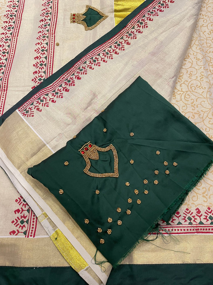 Onam Tissue Handblock Printed Saree- Green, With Palaka Motif and Butter Krishna Motif in the Pallu