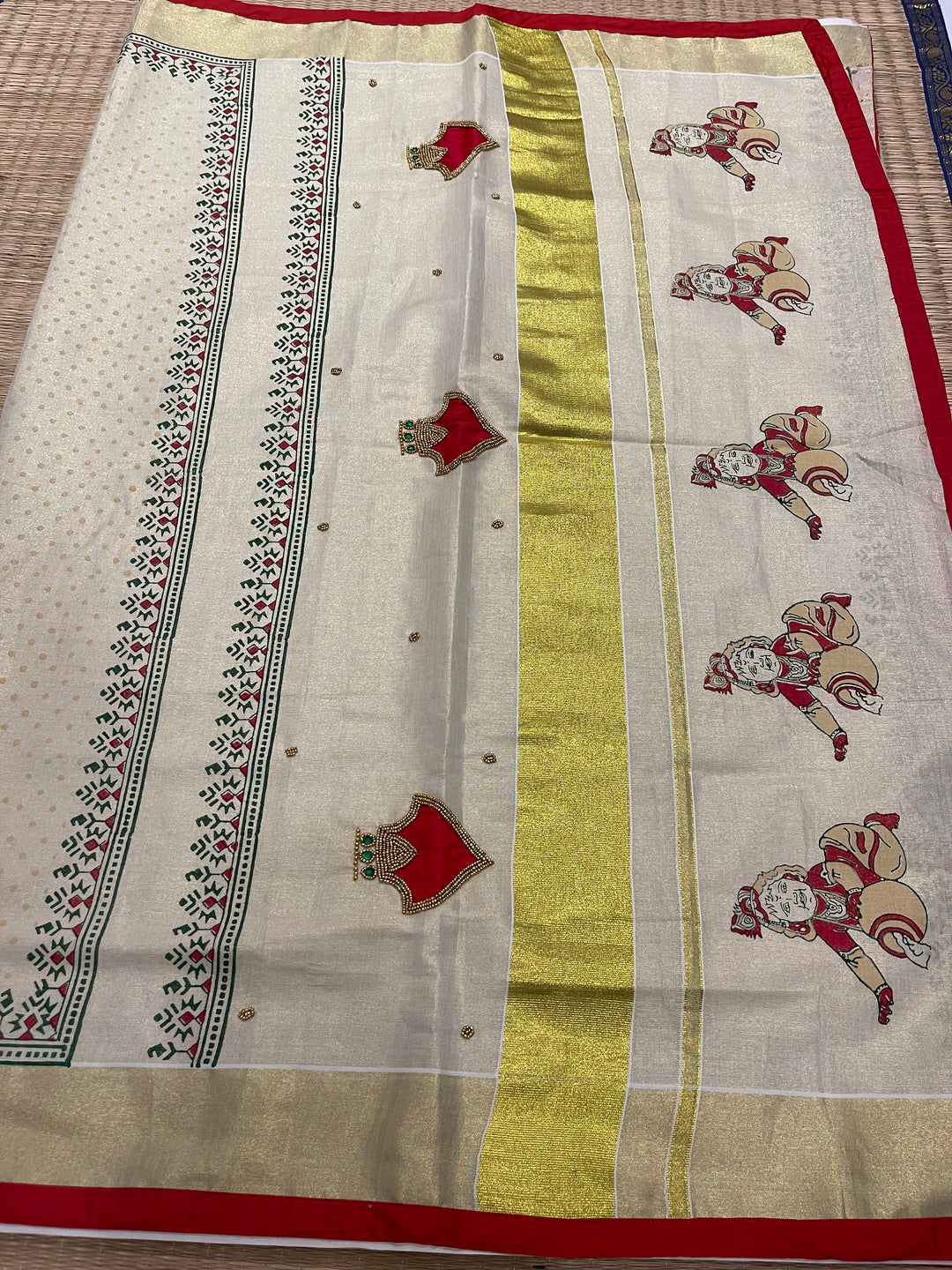 Onam Tissue Handblock Printed Saree- Red, With Palaka Motif and Butter Krishna Motif in the Pallu