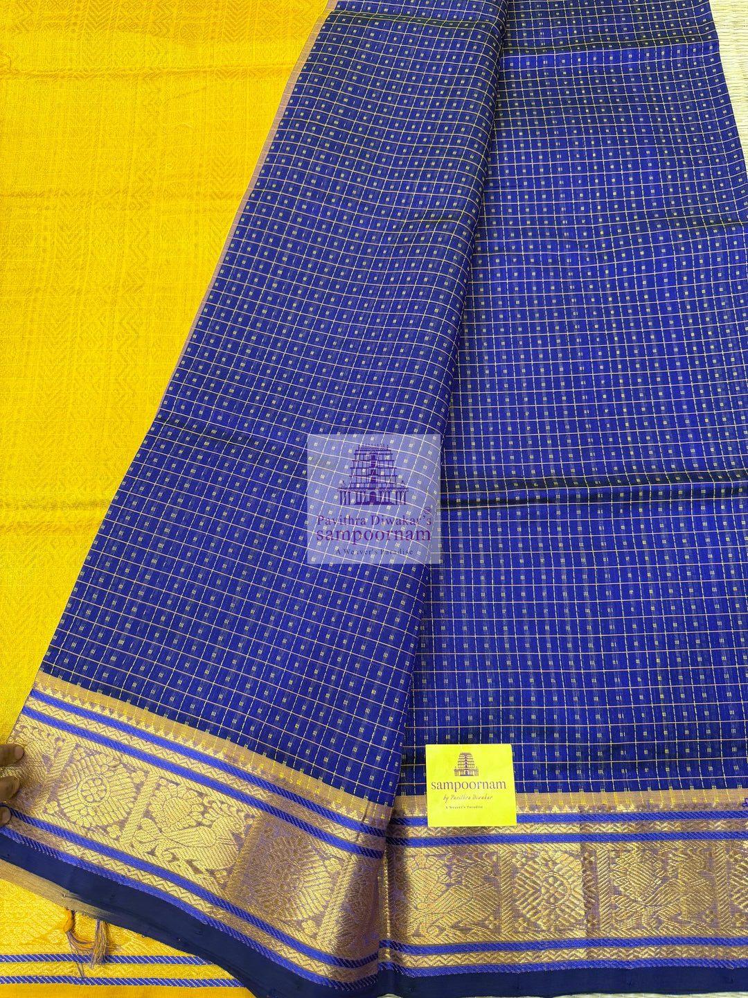 Blue with yellow , Lakshadeepam butta in the body , traditional borders and rich Pallu Lakshadeepam Silk Cotton Saree