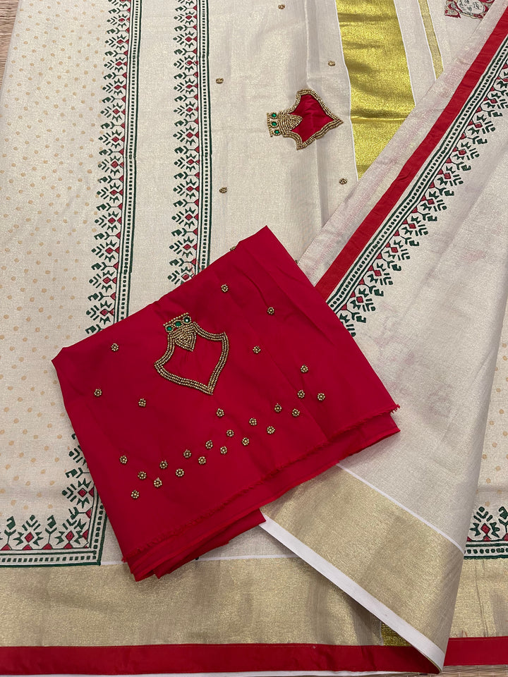 Onam Tissue Handblock Printed Saree- Red, With Palaka Motif and Butter Krishna Motif in the Pallu