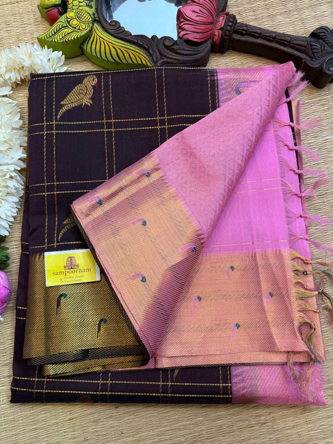 Coffee Brown with Baby Pink colour , Paithani Borders , Zari Checks with Parrot motifs in the body , and Pure Silk Cotton Saree