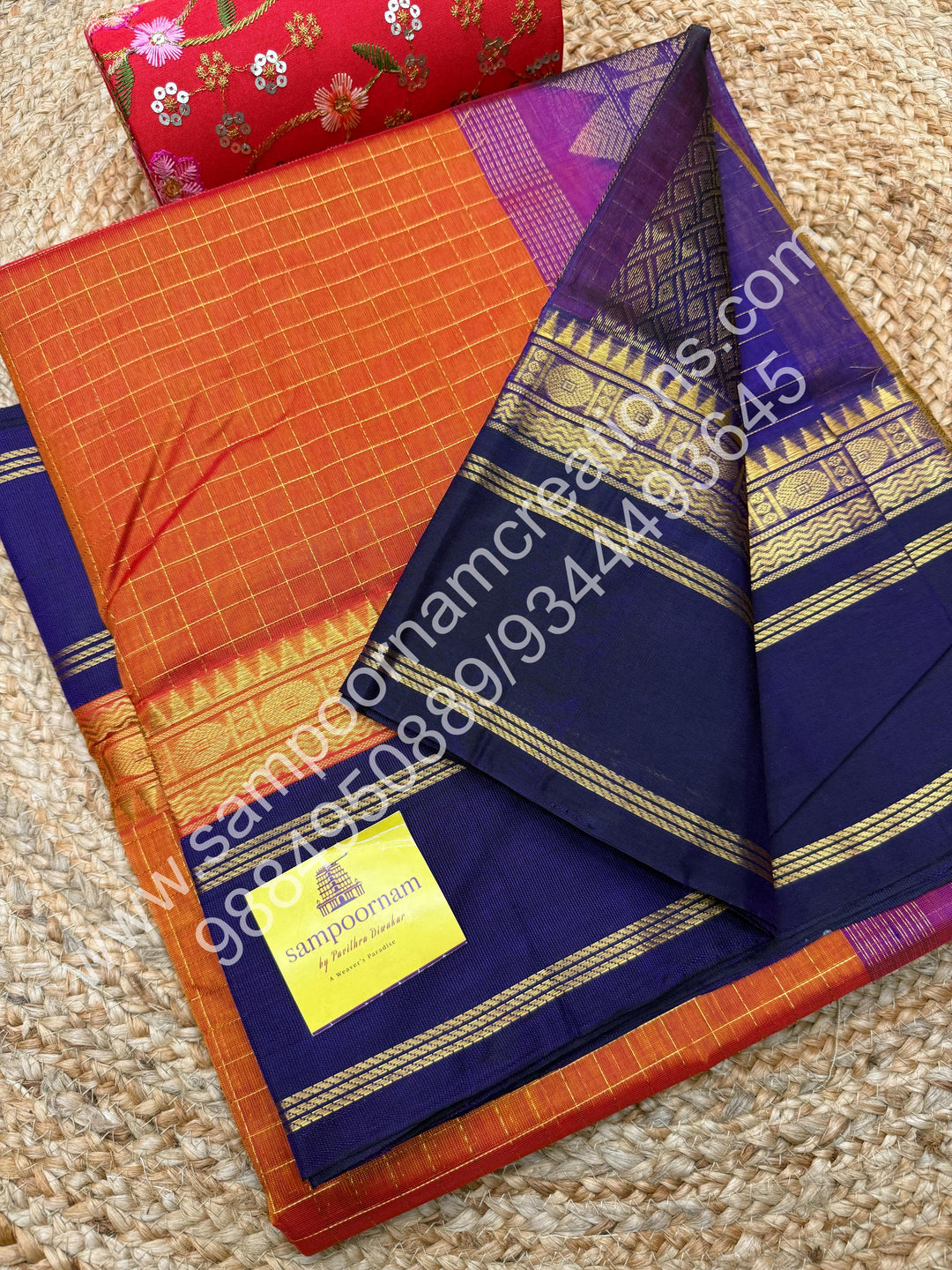 Rust Orange with Purple , Rich Zari Checks in the body and Rettapet Border , Grand Pallu Pure Korvai Silk Cotton Saree