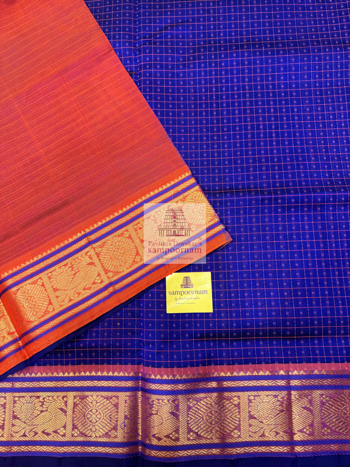 Blue with Orange, , Lakshadeepam butta in the body , traditional borders and rich Pallu Lakshadeepam Silk Cotton Saree