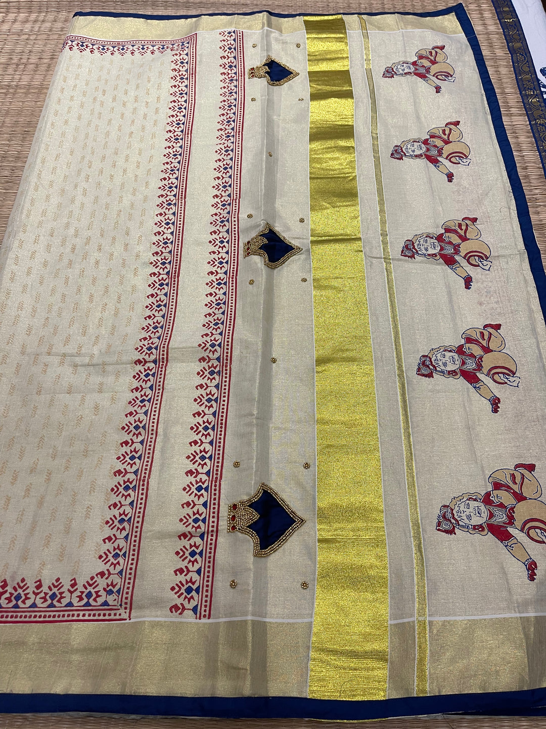 Onam Tissue Handblock Printed Saree- Blue, With Palaka Motif and Butter Krishna Motif in the Pallu