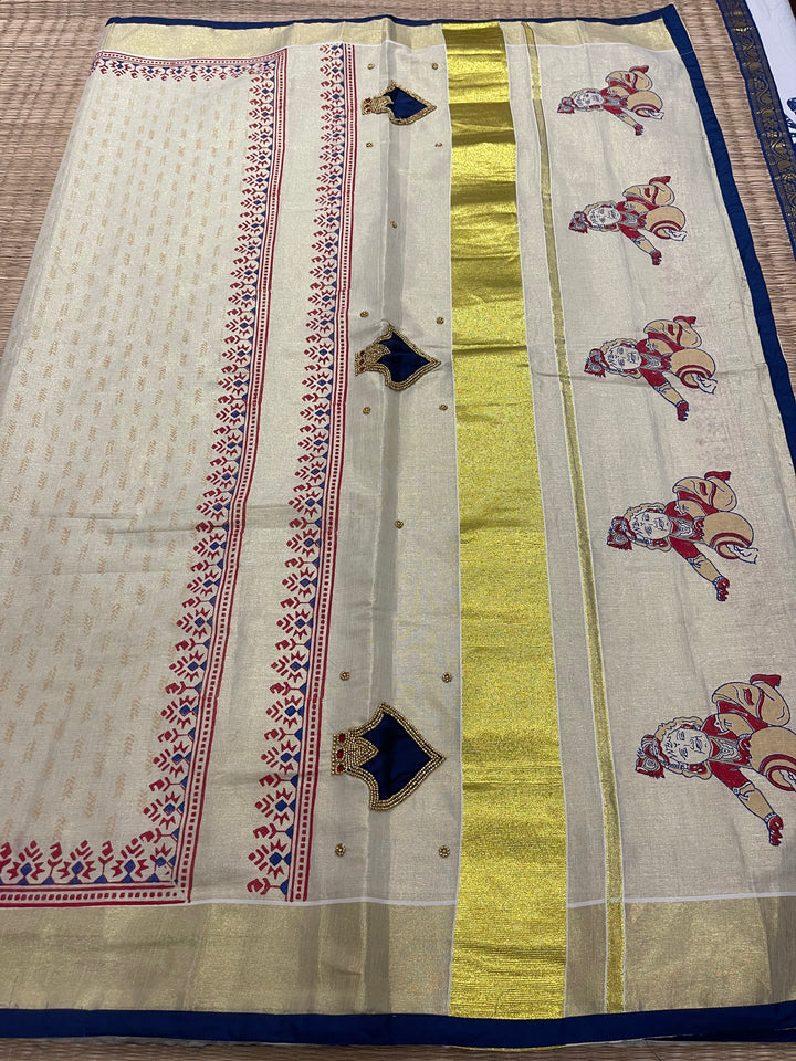 Onam Tissue Handblock Printed Saree- Blue, With Palaka Motif and Butter Krishna Motif in the Pallu