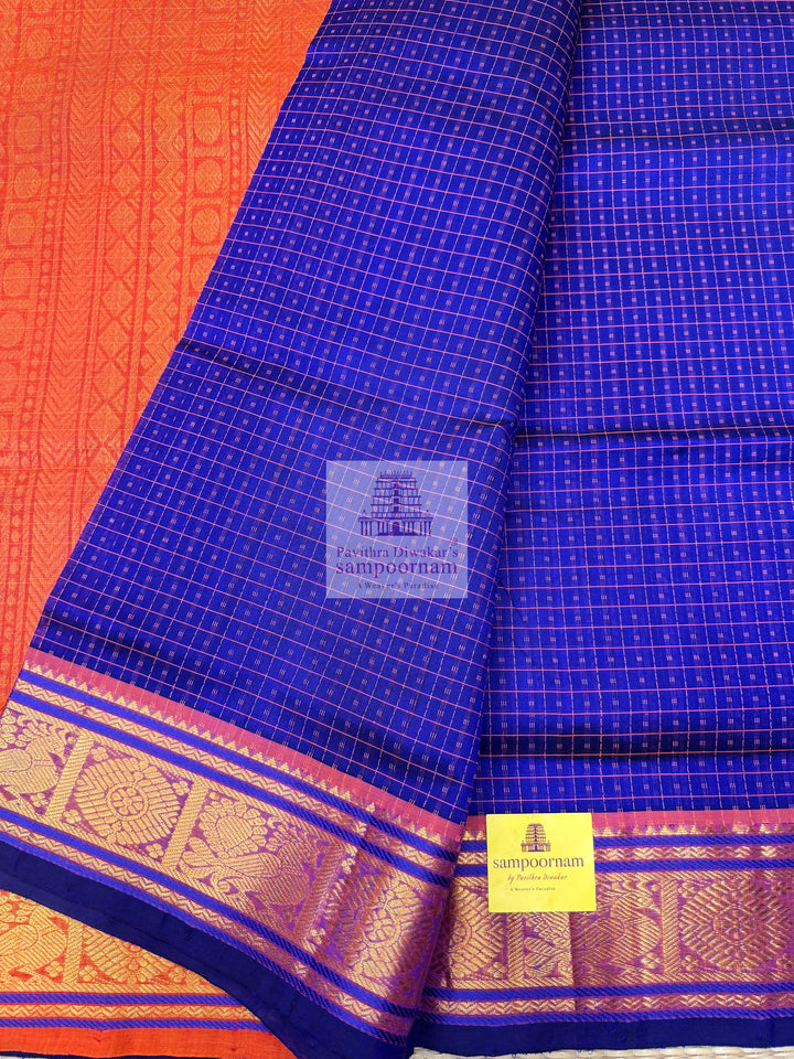 Blue with Orange, , Lakshadeepam butta in the body , traditional borders and rich Pallu Lakshadeepam Silk Cotton Saree