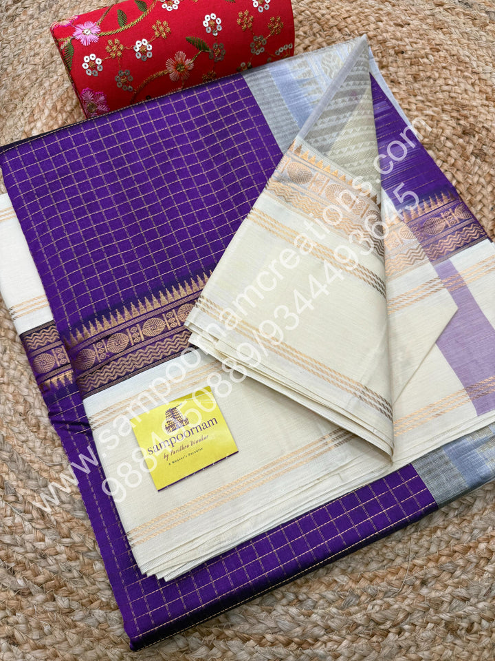 Vadamalli with Offwhite , Rich Zari Checks in the body and Rettapet Border , Grand Pallu Pure Korvai Silk Cotton Saree
