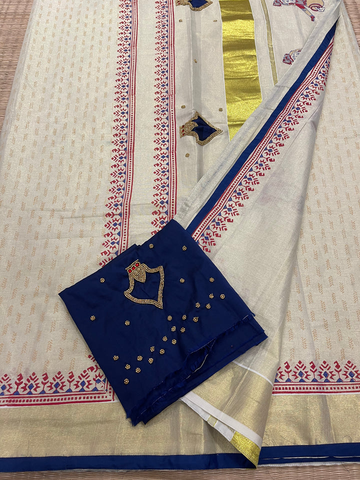 Onam Tissue Handblock Printed Saree- Blue, With Palaka Motif and Butter Krishna Motif in the Pallu