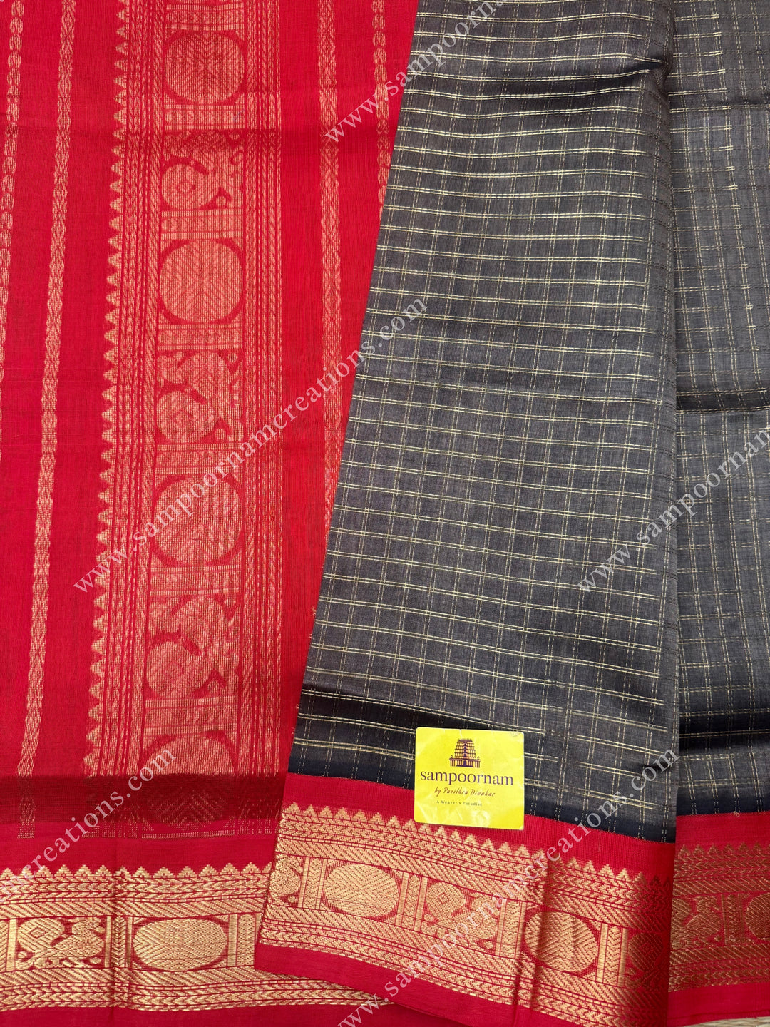 Grey with Red , Rich Zari checks in the body and traditional borders ,  grand Pallu Korvai Silk Cotton Saree