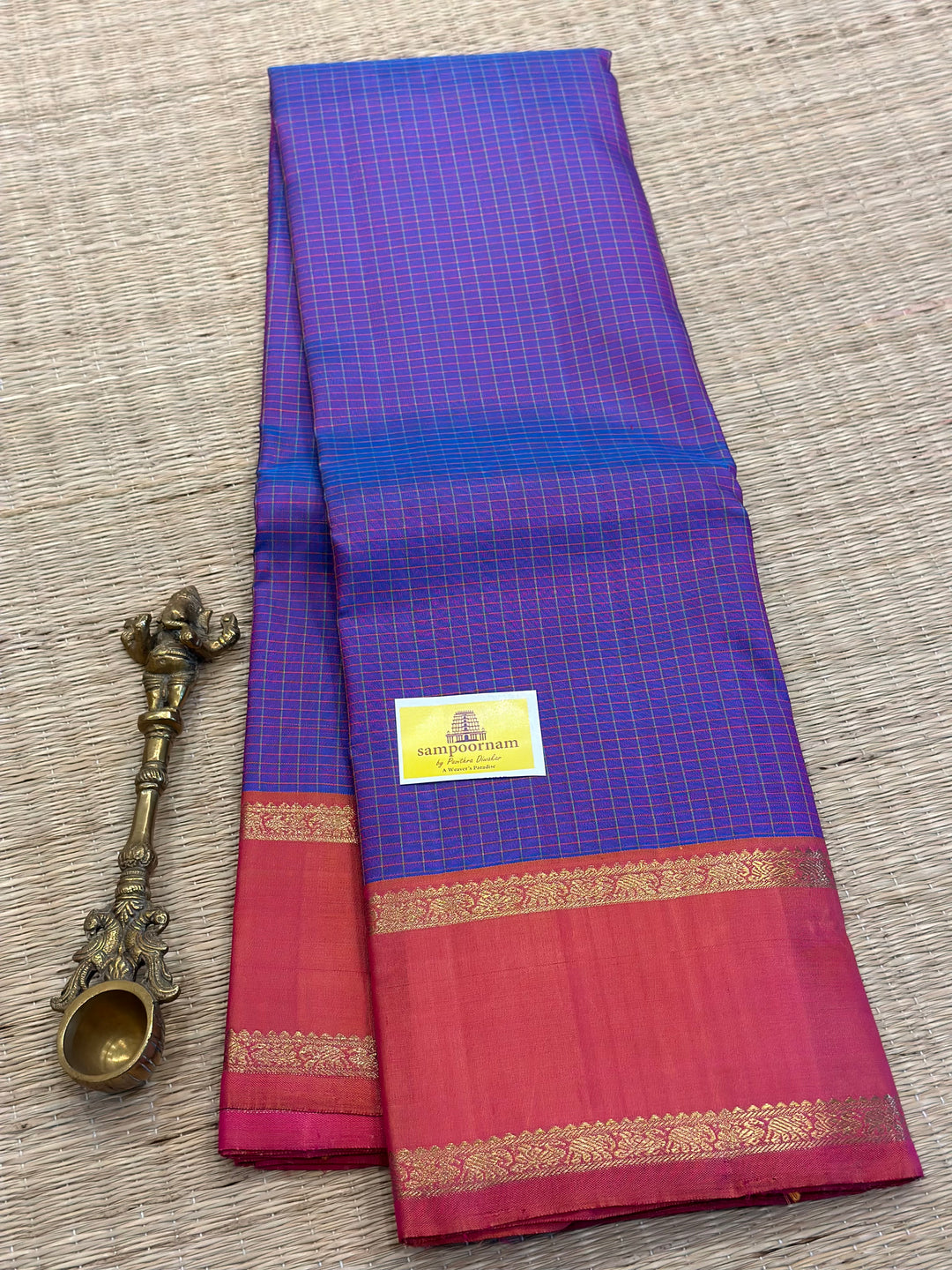 A Traditional Lavender with Pinkish Orange Body Checks Rettapet Kanjivaram Silk Saree with Kalakshetra Kili Pallu