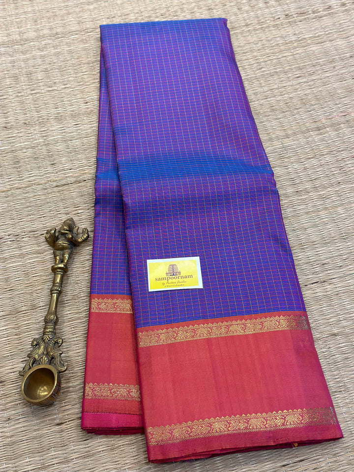 A Traditional Lavender with Pinkish Orange Body Checks Rettapet Kanjivaram Silk Saree with Kalakshetra Kili Pallu