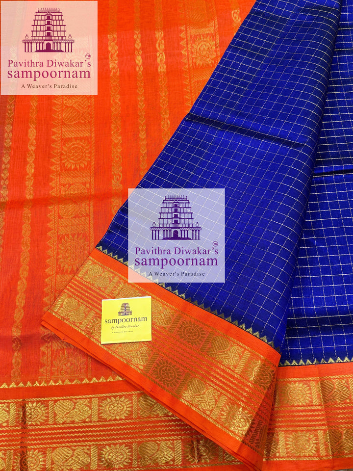 Blue with Orange , Zari Kattam in the body , rettapet border and rich  Pallu Korvai Silk Cotton Saree