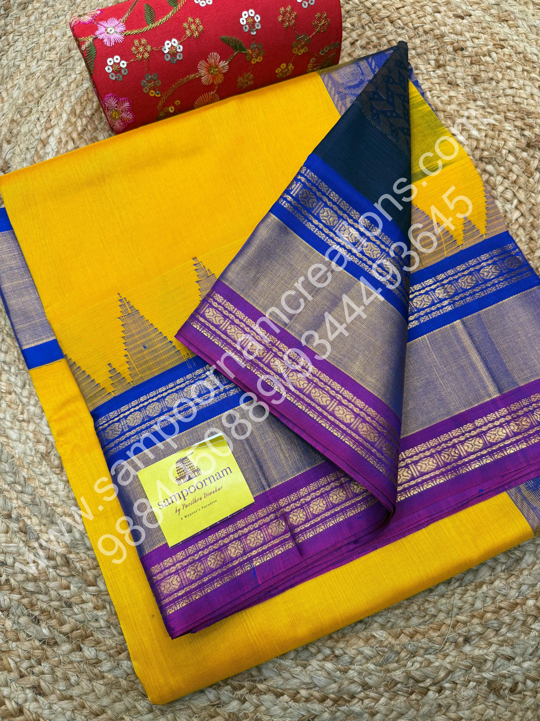 Yellow with Blue, Triple Temple Big Border on one side, Rich Pallu, Pure Korvai Silk Cotton Saree