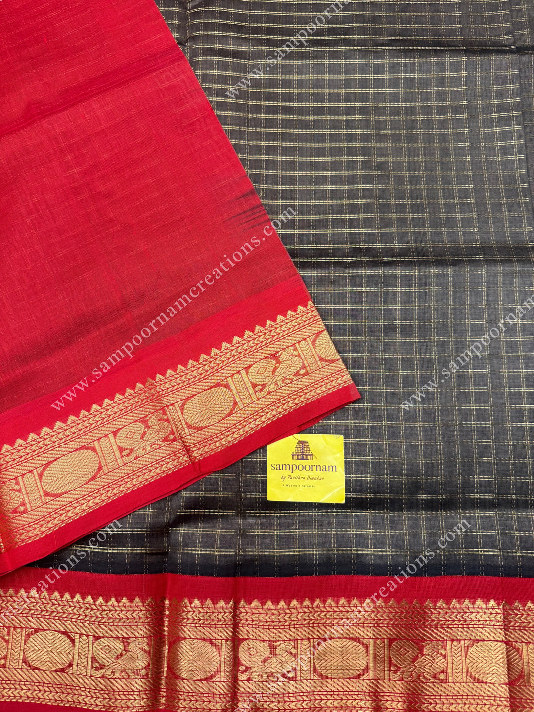 Grey with Red , Rich Zari checks in the body and traditional borders ,  grand Pallu Korvai Silk Cotton Saree