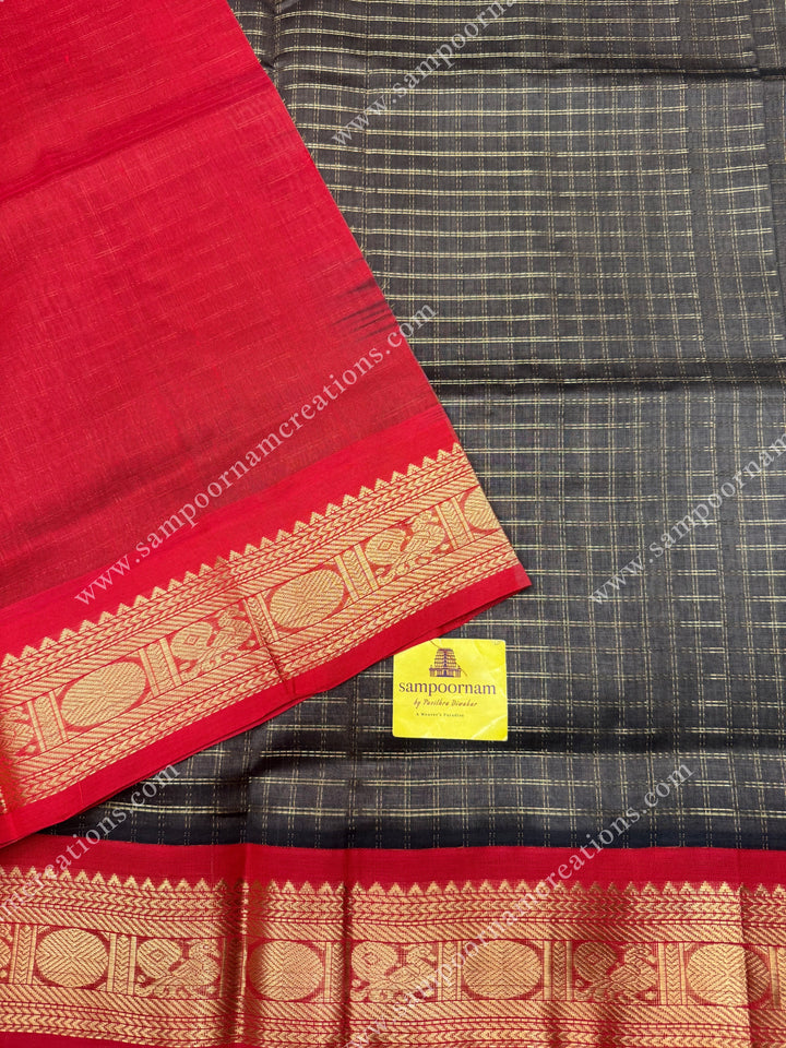 Grey with Red , Rich Zari checks in the body and traditional borders ,  grand Pallu Korvai Silk Cotton Saree